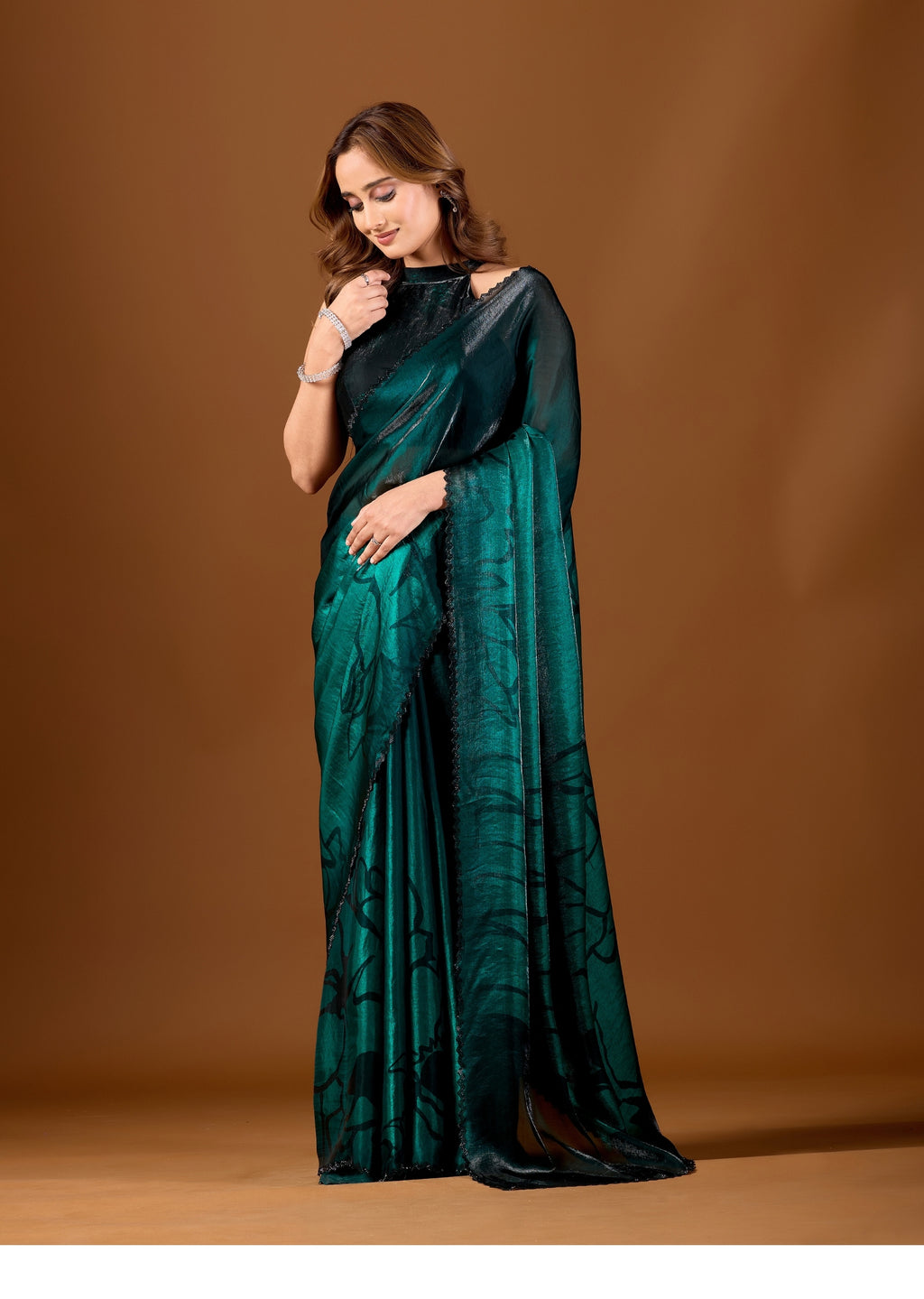 Green Organza Saree With Floral Print