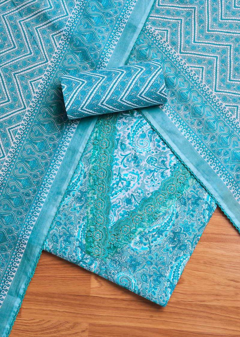 Aqua Blue Cotton Printed Unstitched Suit Set