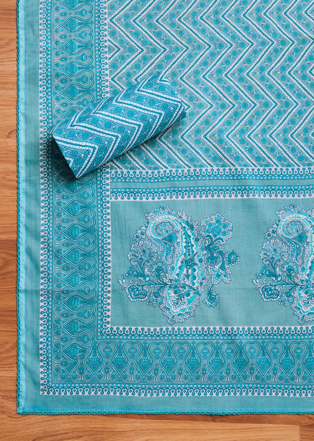 Aqua Blue Cotton Printed Unstitched Suit Set