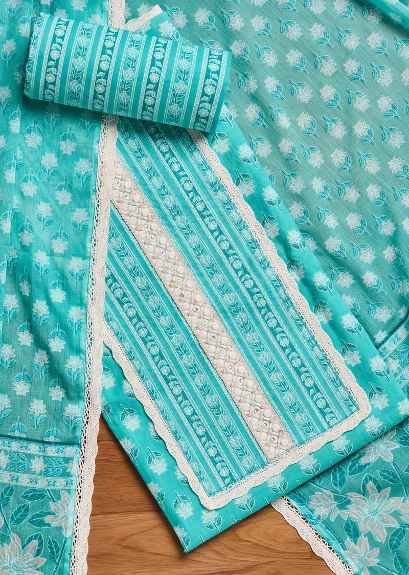 Aqua Blue Cotton Unstitched Suit With Dupatta