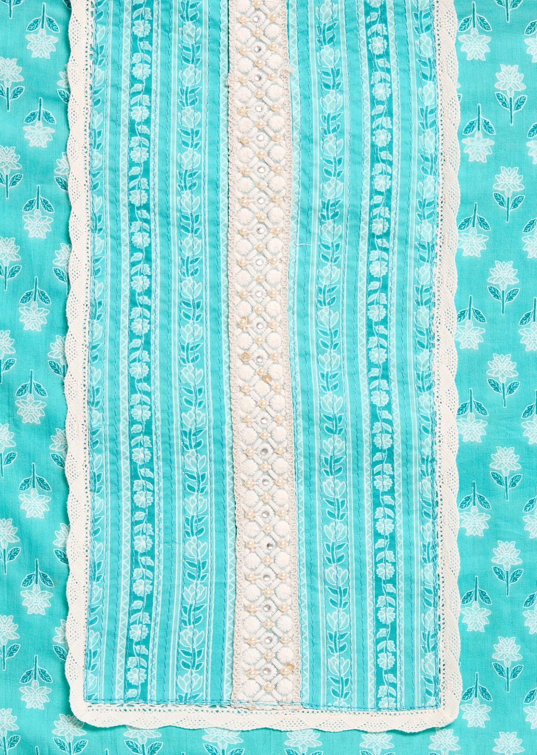 Aqua Blue Cotton Unstitched Suit With Dupatta
