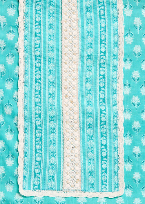 Aqua Blue Cotton Unstitched Suit With Dupatta