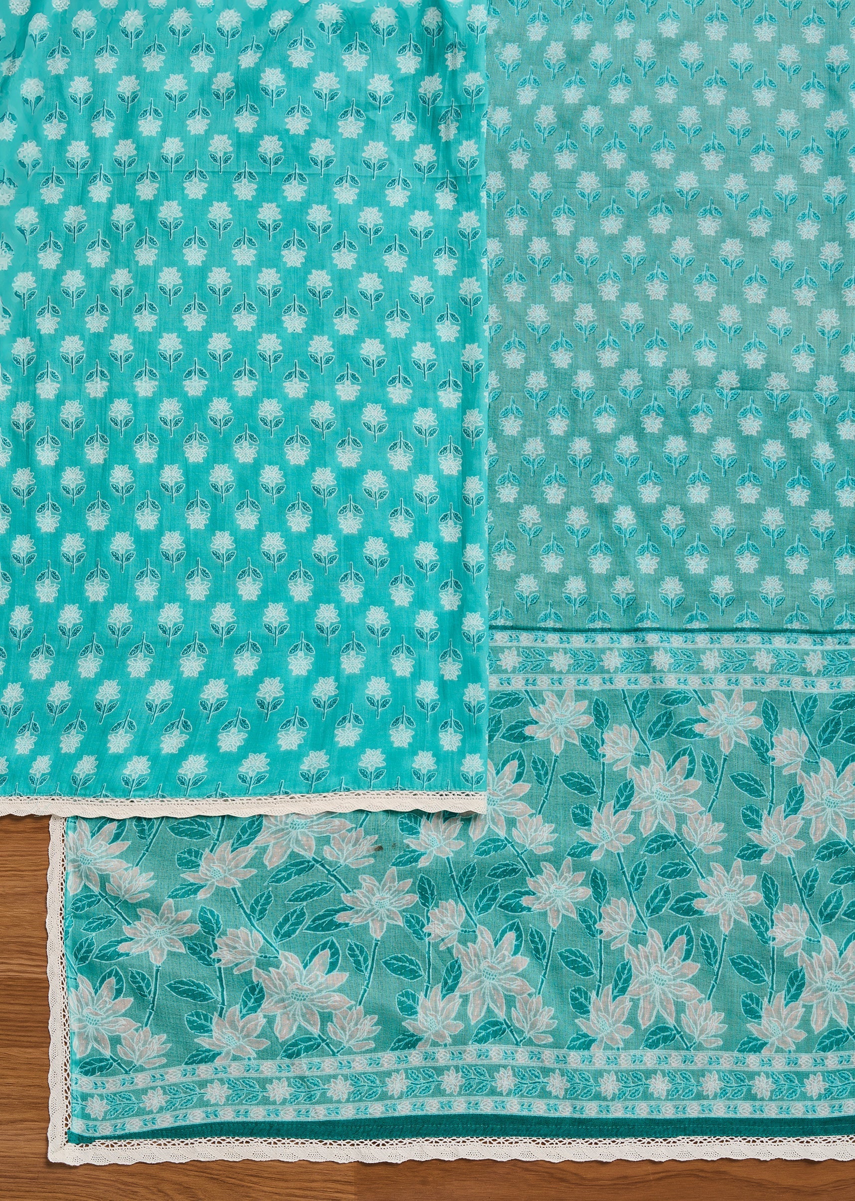 Aqua Blue Cotton Unstitched Suit With Dupatta