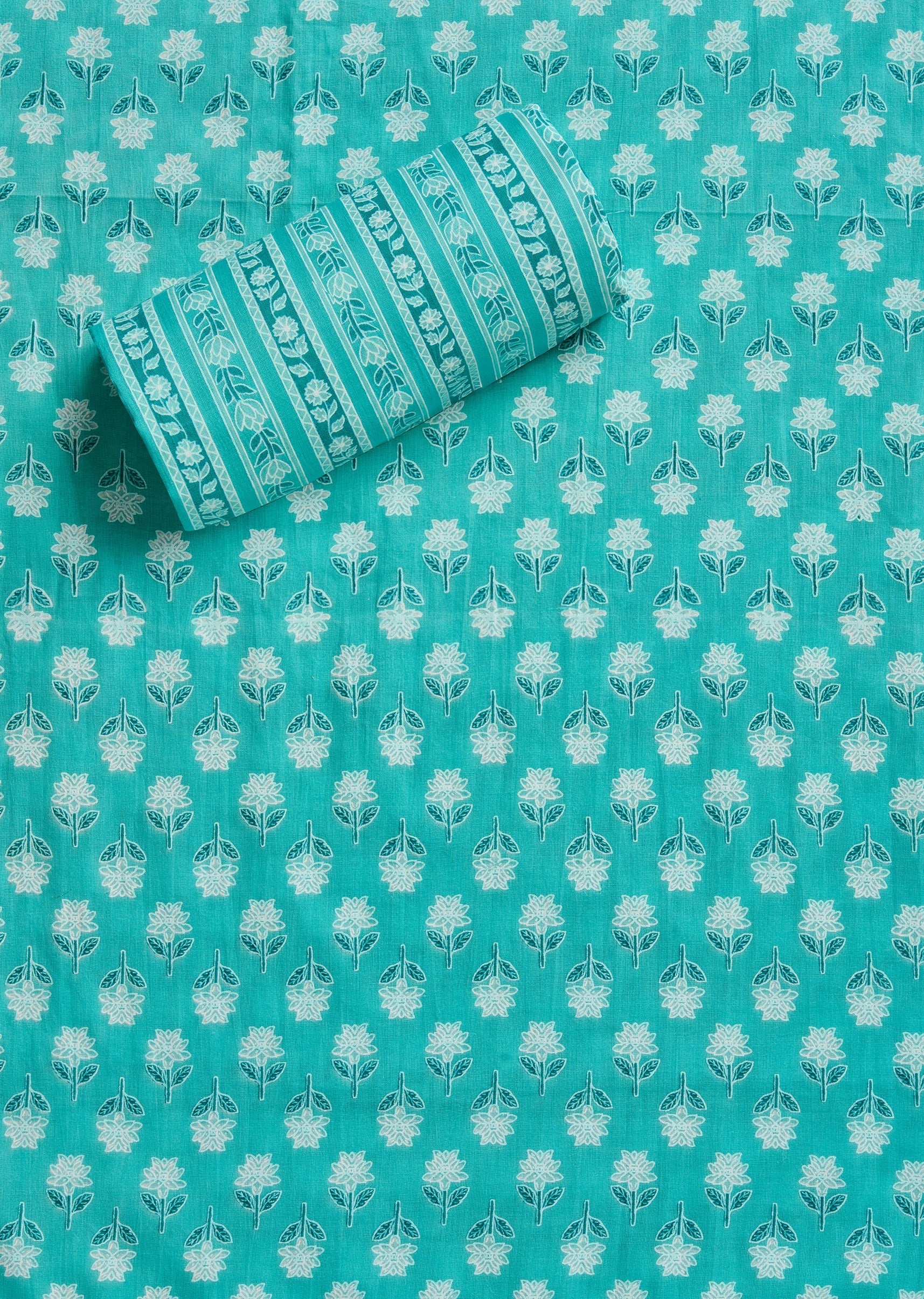 Aqua Blue Cotton Unstitched Suit With Dupatta