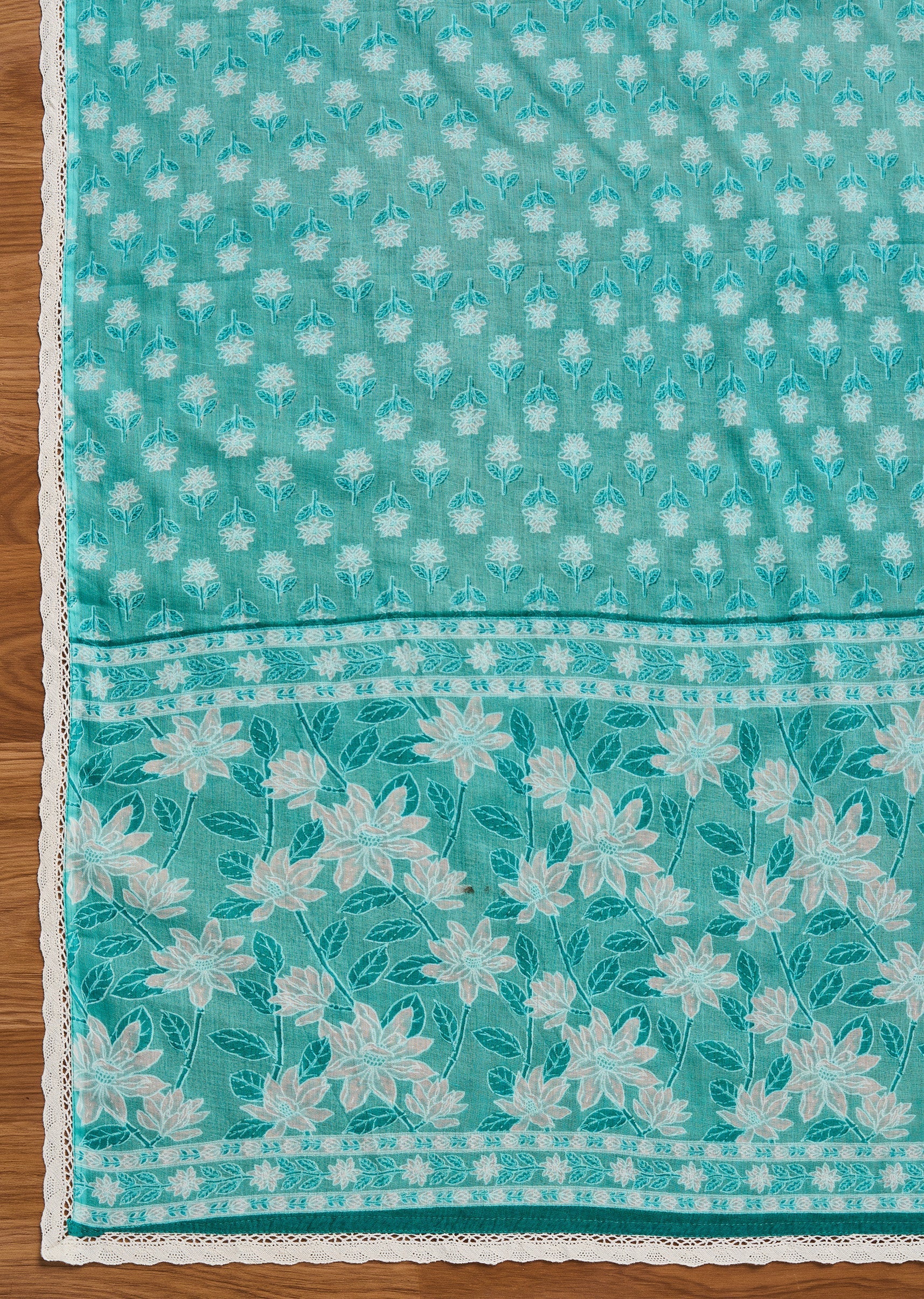 Aqua Blue Cotton Unstitched Suit With Dupatta