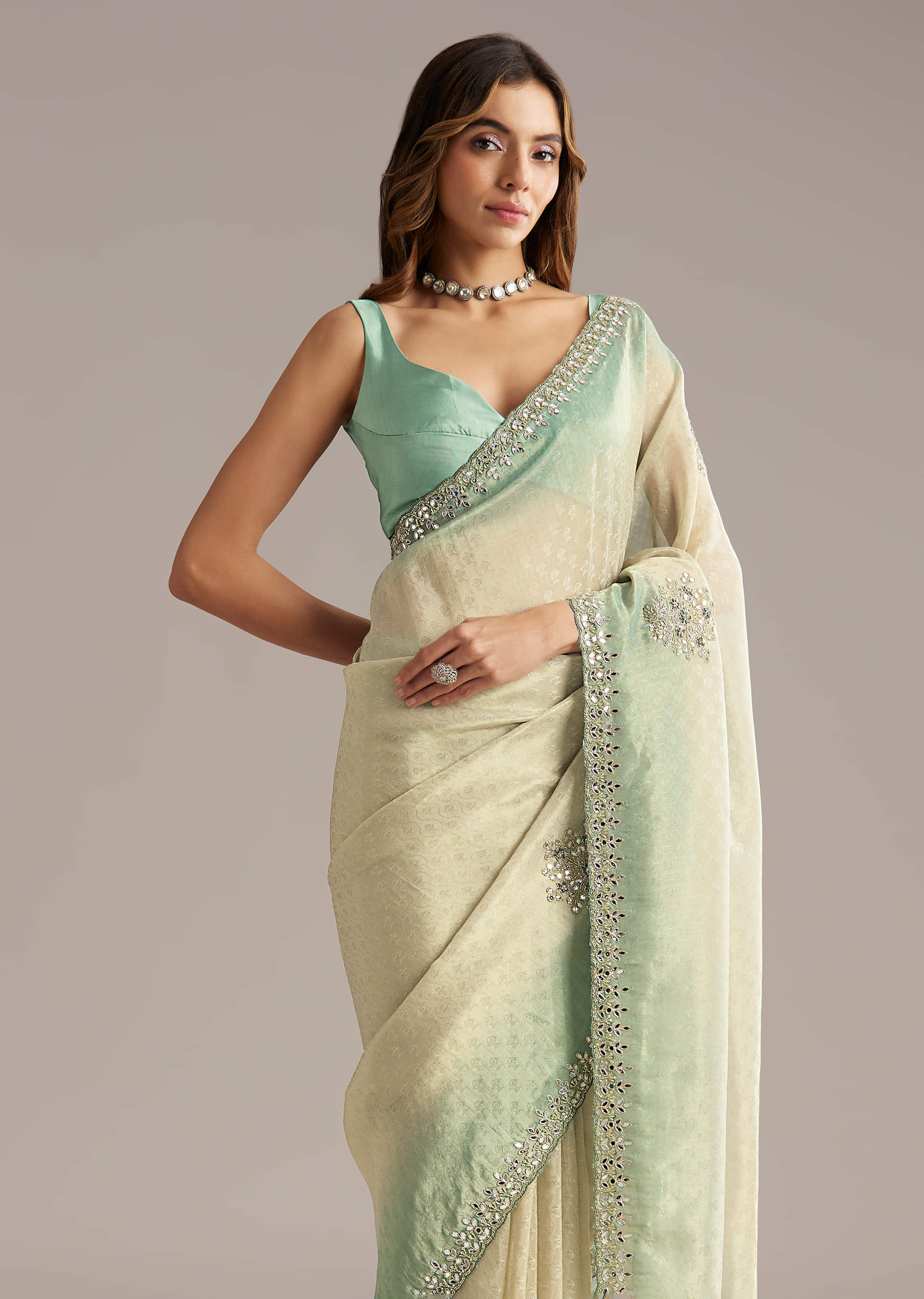 Aqua Blue Jacquard Saree With Mirror And Bead Embroidery