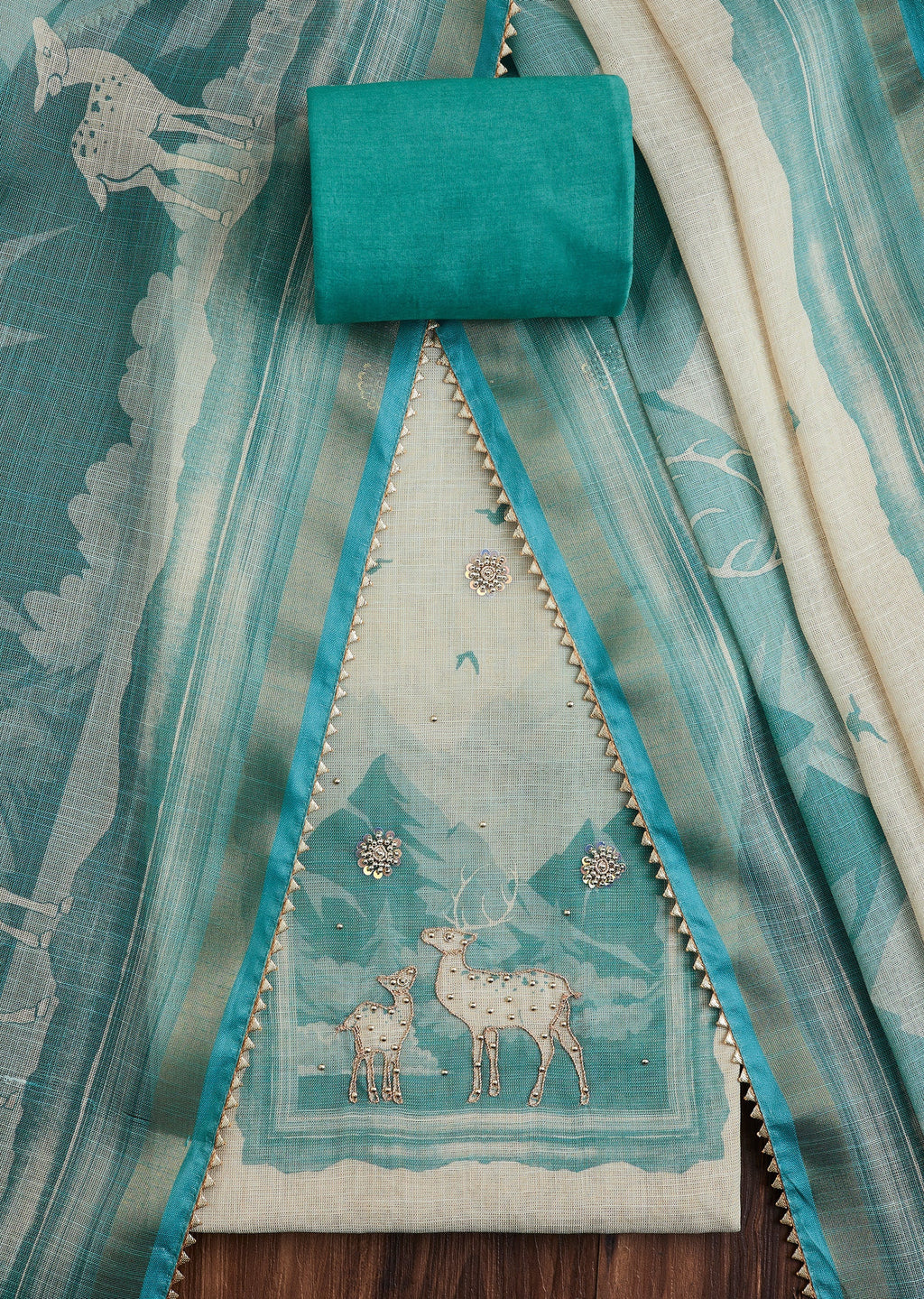 Aqua Blue Linen Unstitched Suit