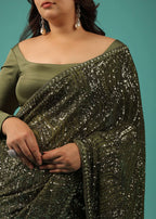 Army Green Saree In Sequins And Organza With Detailed Embroidery