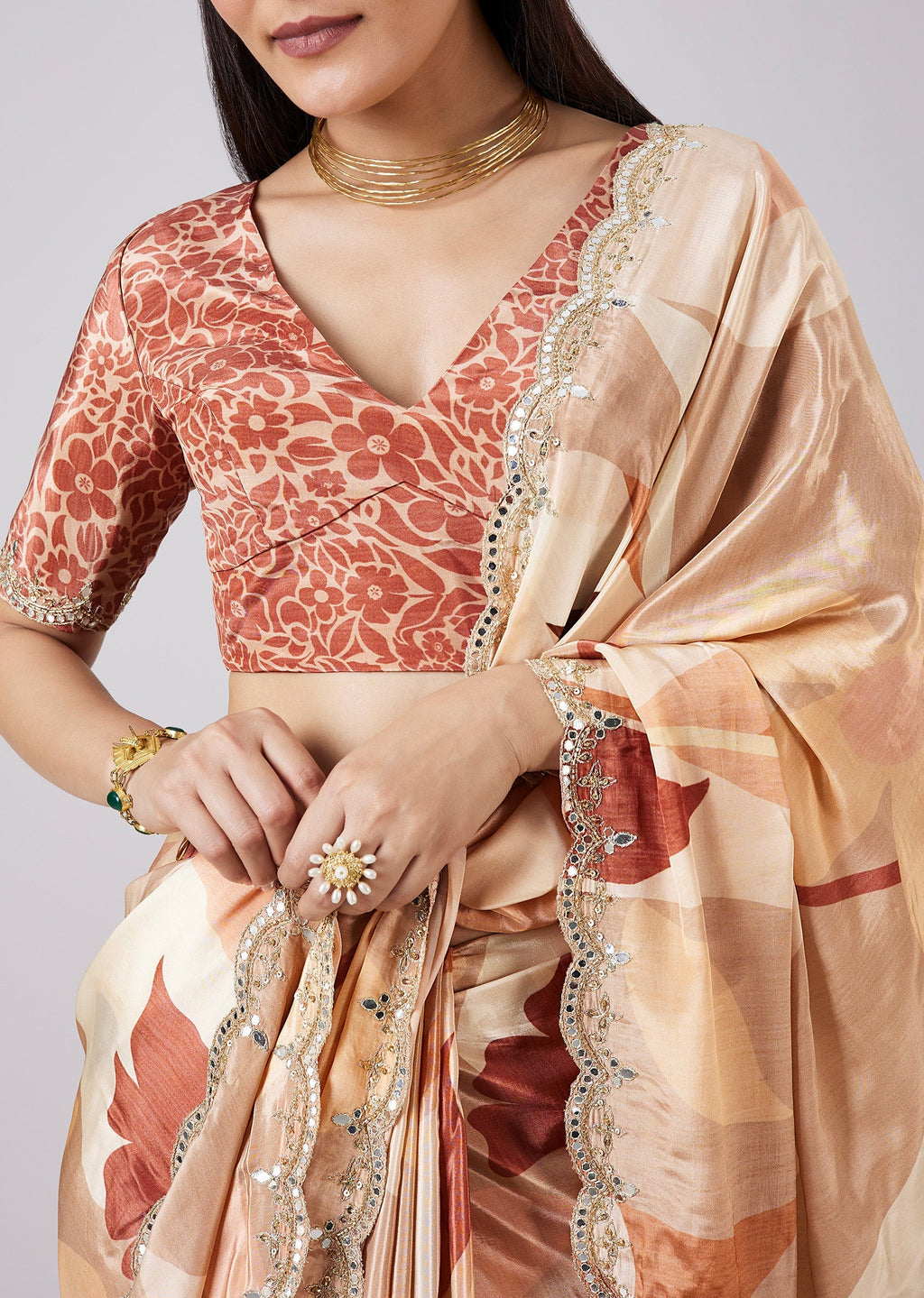 Beige Abstract Print Saree with Blouse