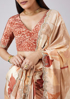 Beige Abstract Print Saree with Blouse