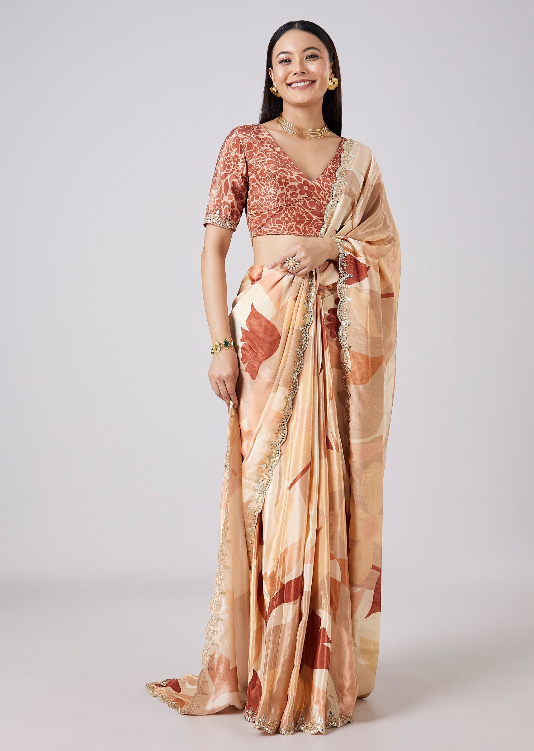 Beige Abstract Print Saree with Blouse