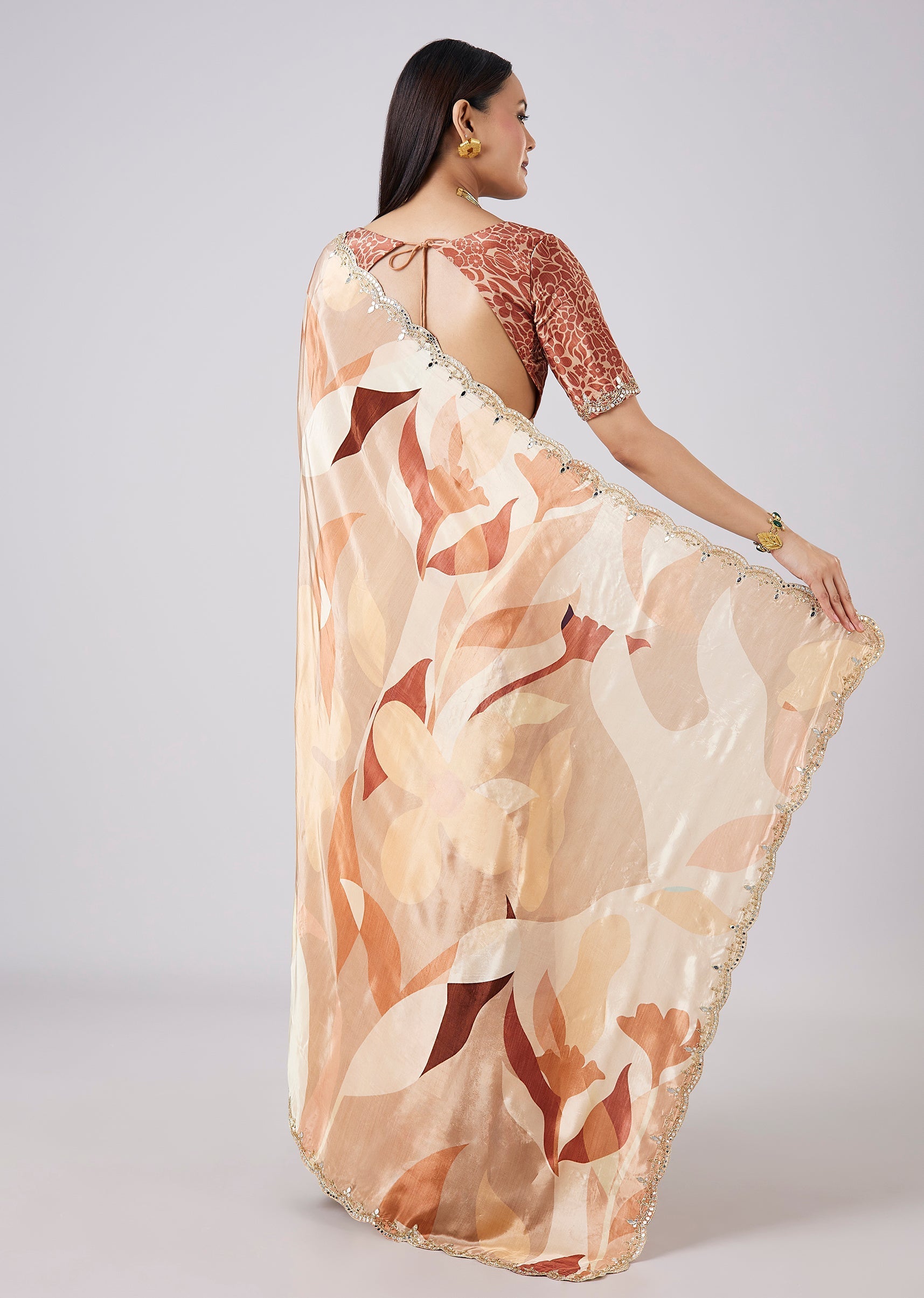 Beige Abstract Print Saree with Blouse