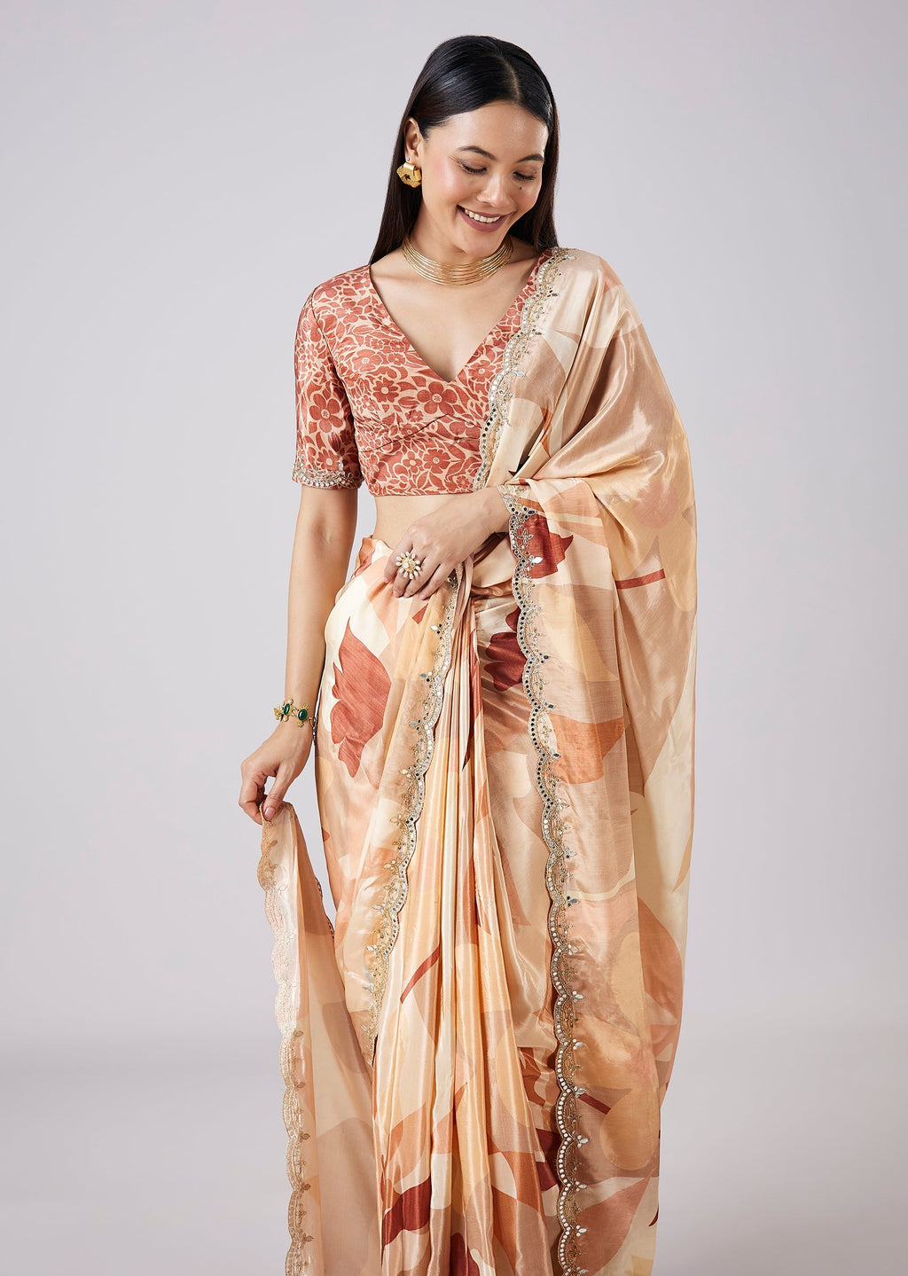 Beige Abstract Print Saree with Blouse
