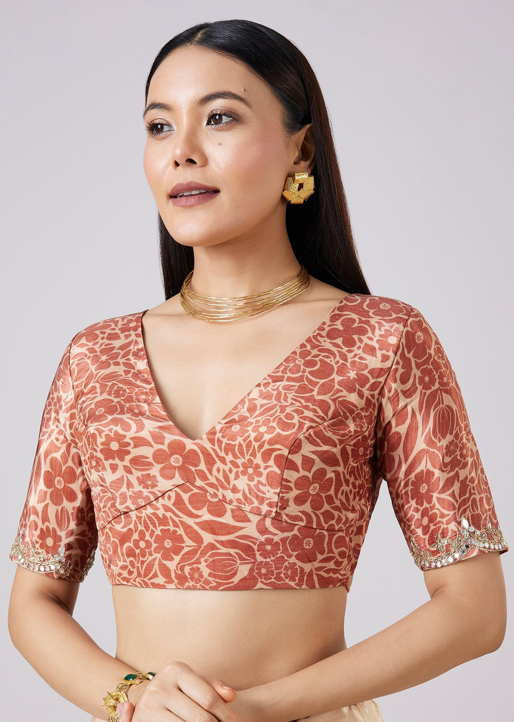 Beige Abstract Print Saree with Blouse