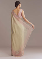 Beige And Pink Ombre Jacquard Embroidered Saree With Mirror Work