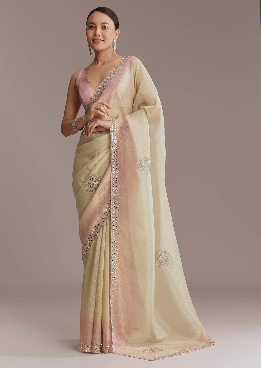 Beige And Pink Ombre Jacquard Embroidered Saree With Mirror Work
