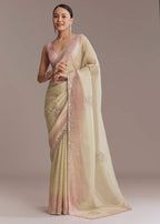 Beige And Pink Ombre Jacquard Embroidered Saree With Mirror Work