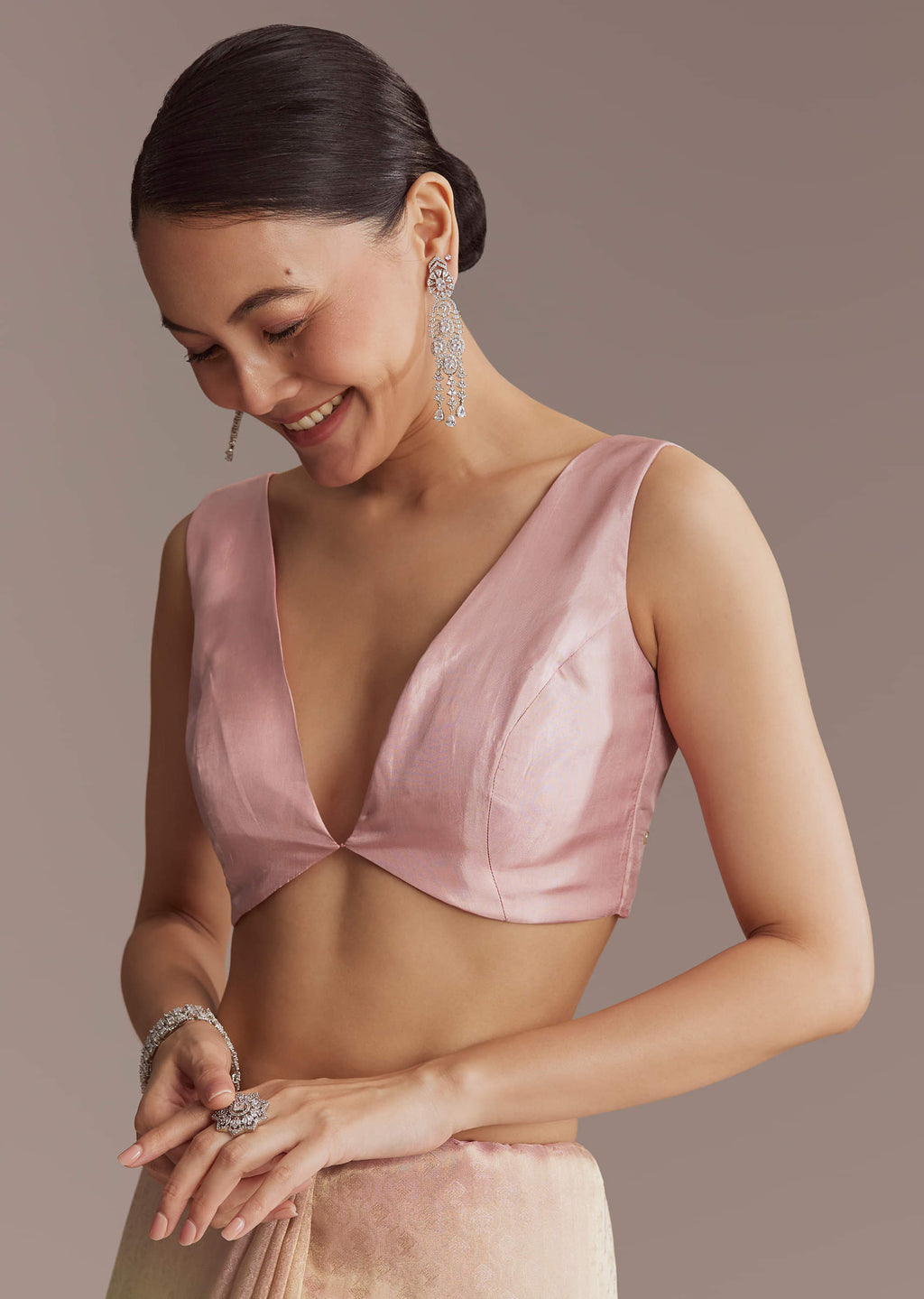 Beige And Pink Ombre Jacquard Embroidered Saree With Mirror Work