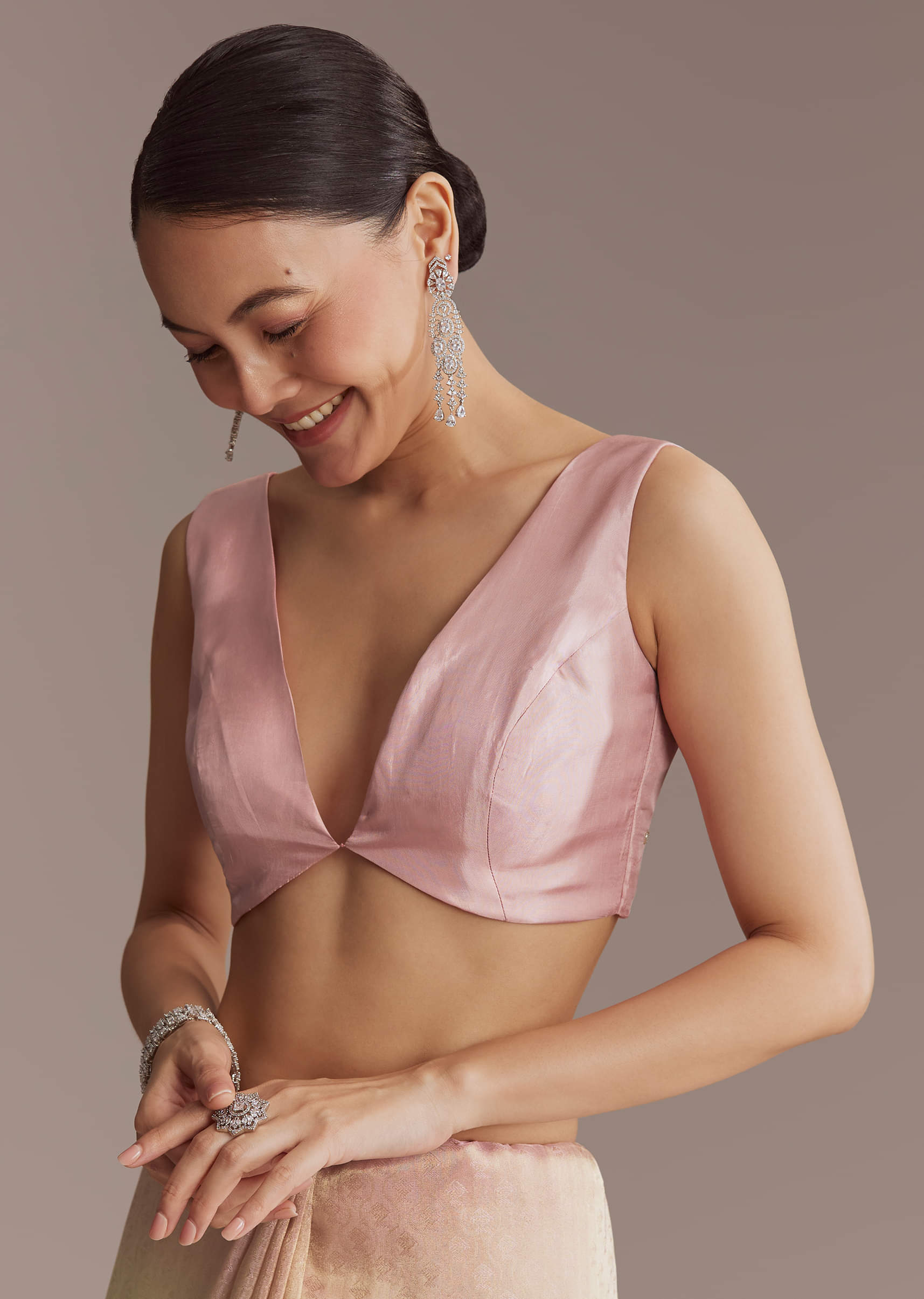 Beige And Pink Ombre Jacquard Embroidered Saree With Mirror Work