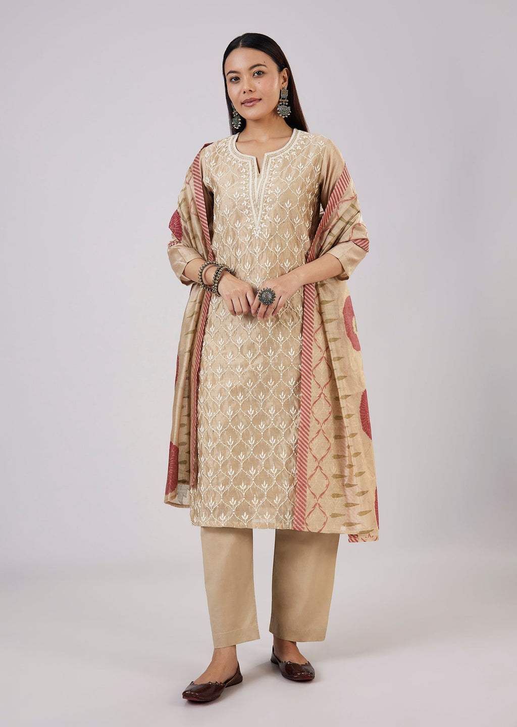 Beige Chanderi Kurta Set With Thread And Sequins Work