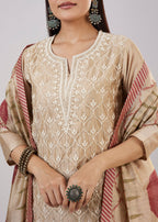 Beige Chanderi Kurta Set With Thread And Sequins Work
