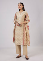 Beige Chanderi Kurta Set With Thread And Sequins Work
