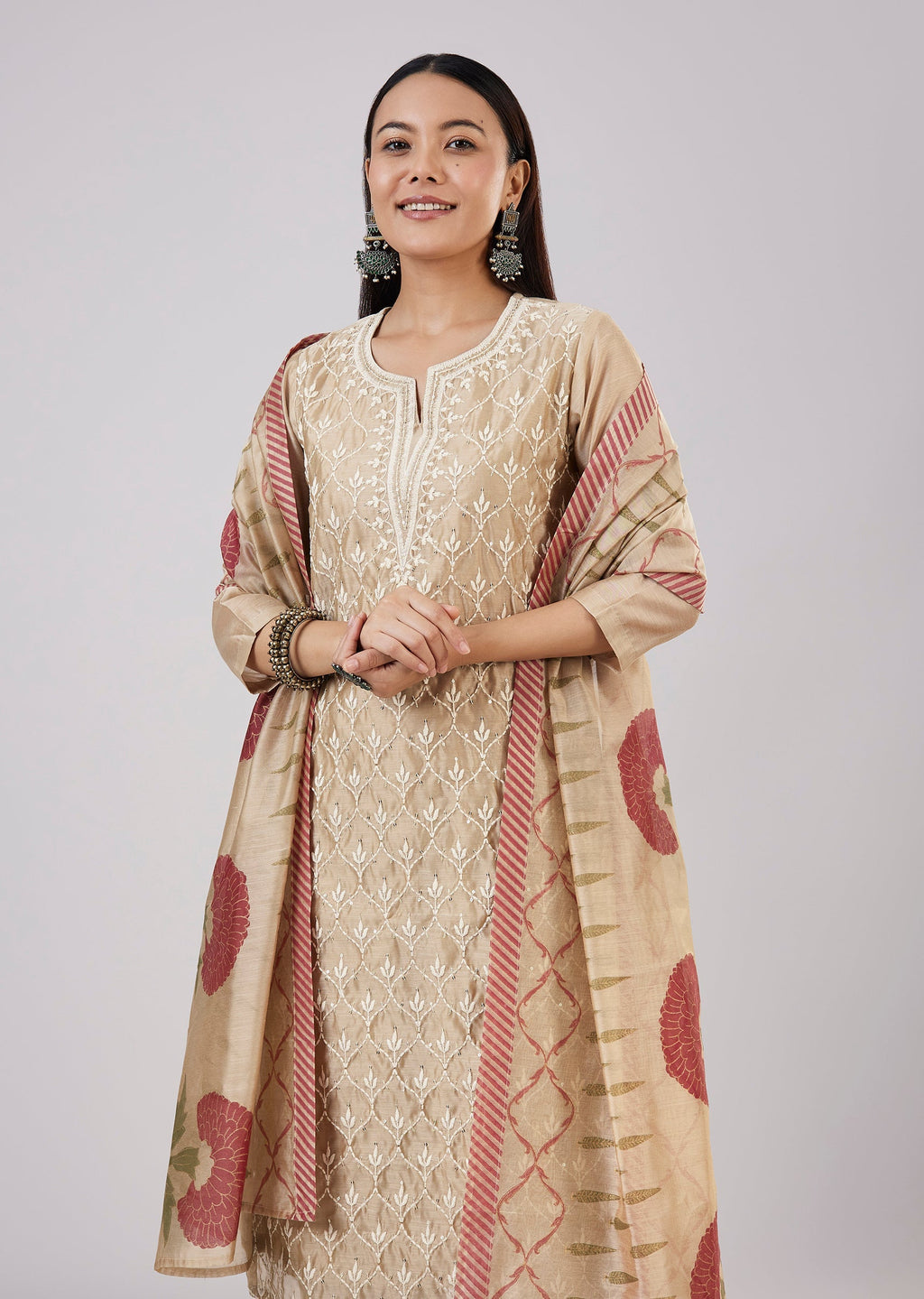 Beige Chanderi Kurta Set With Thread And Sequins Work