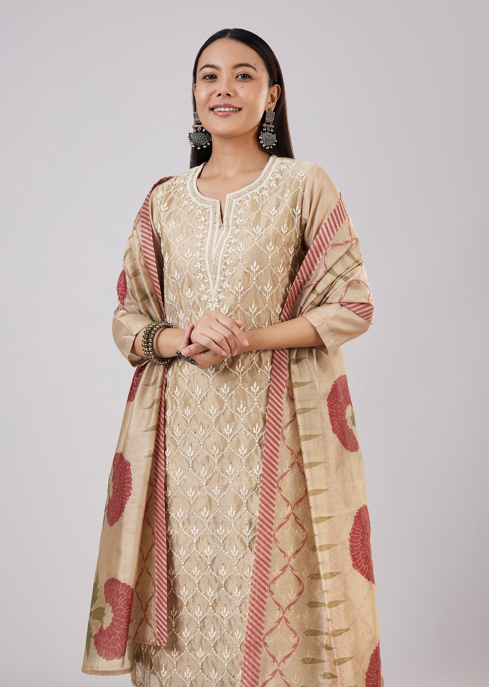 Beige Chanderi Kurta Set With Thread And Sequins Work