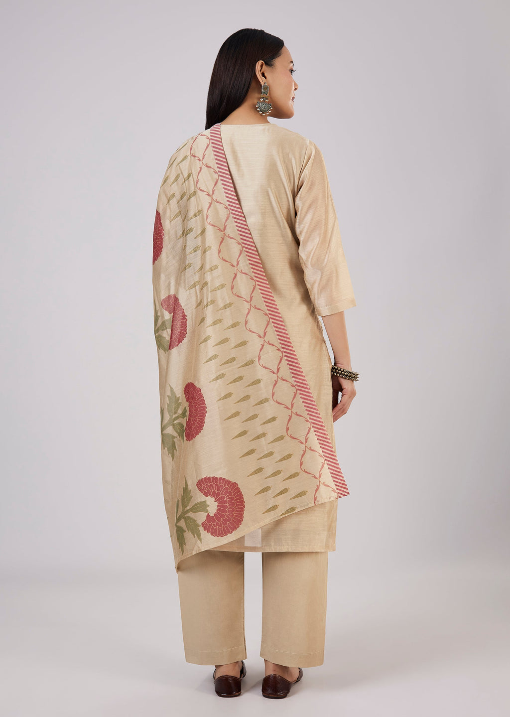 Beige Chanderi Kurta Set With Thread And Sequins Work