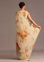 Beige Crushed Abstract Print Saree With Lace Pallu Border