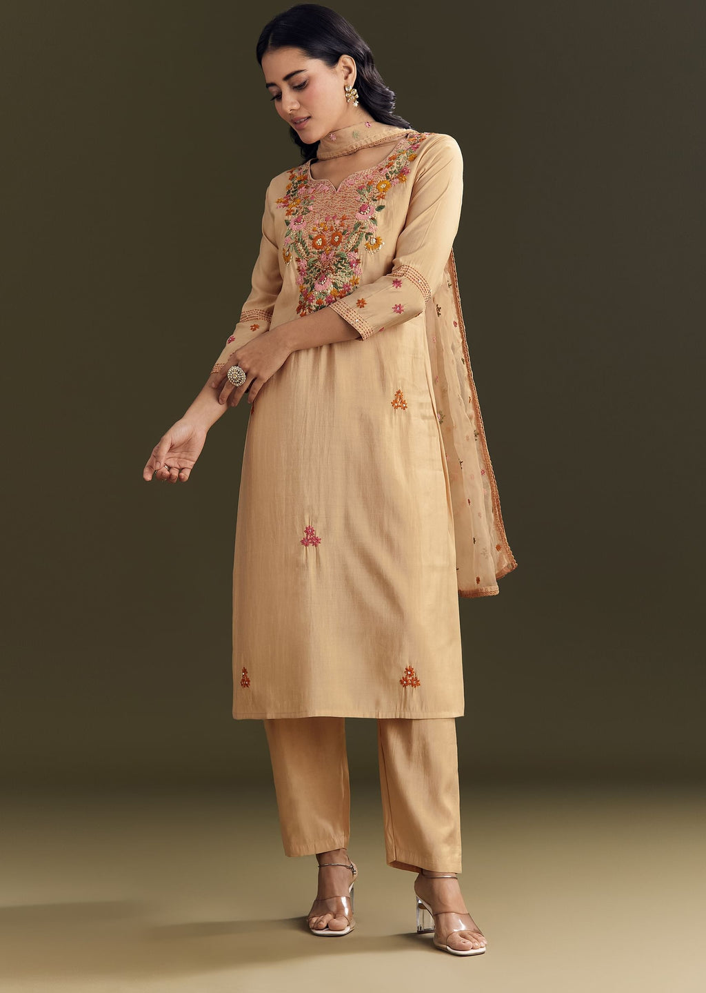Beige Modal Threadwork Kurta Pant With Resham Organza Dupatta