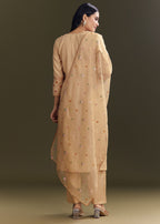 Beige Modal Threadwork Kurta Pant With Resham Organza Dupatta