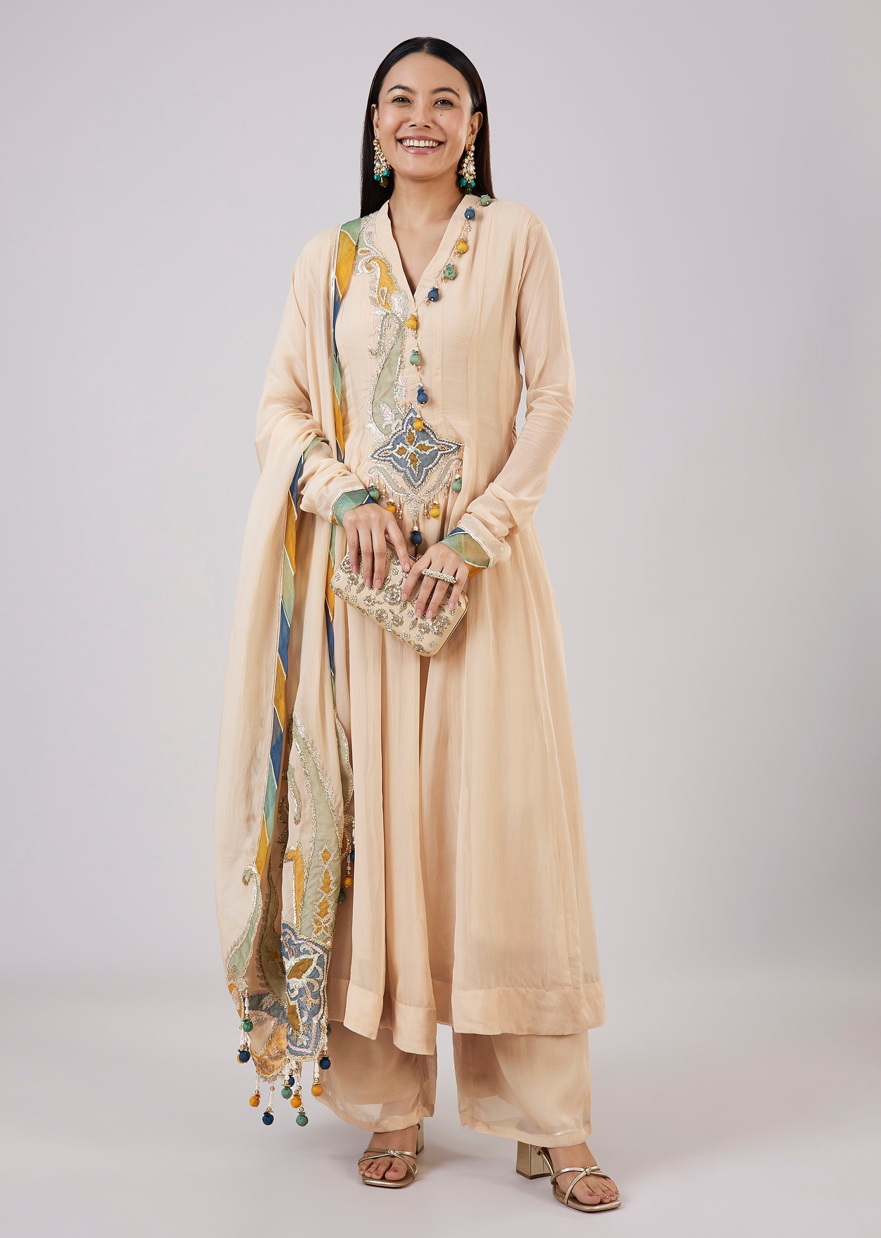 Beige Organza Anarkali With Gotta Lace