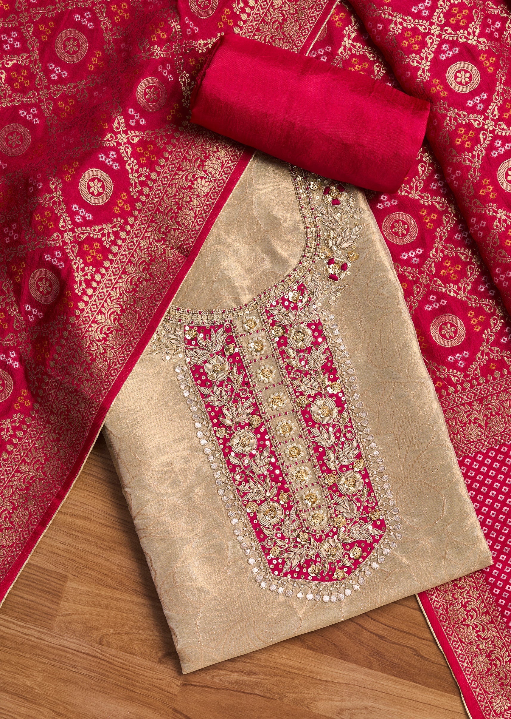 Beige Tissue Embroidered Unstitched Suit Set