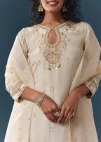 Beige Tissue Kurta Pant Set With Dupatta