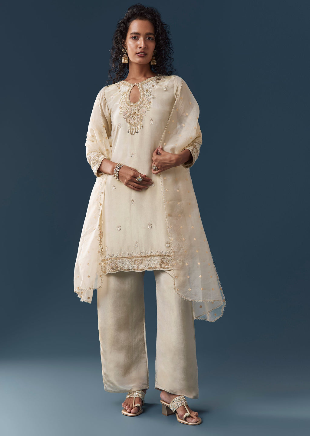 Beige Tissue Kurta Pant Set With Dupatta