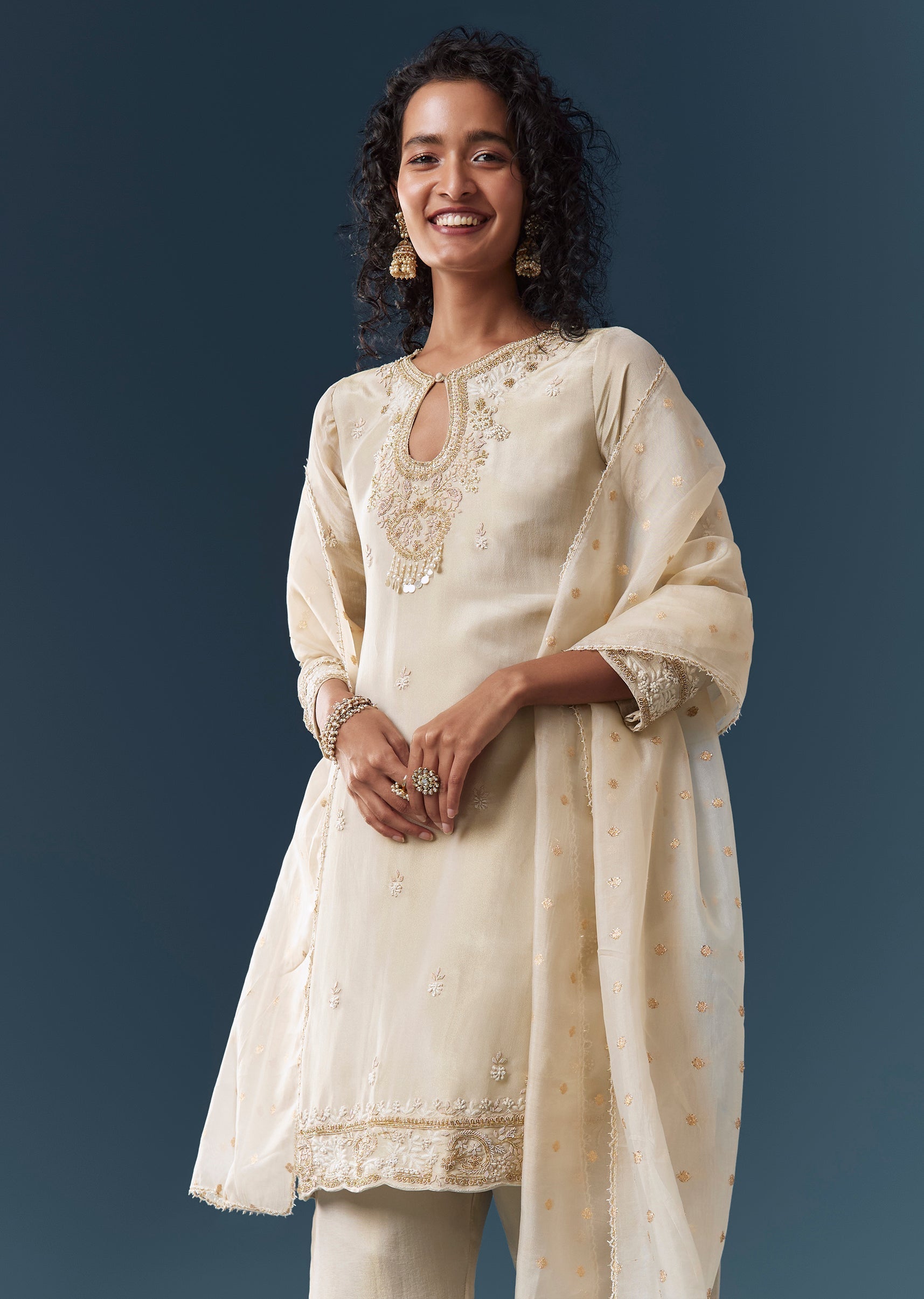Beige Tissue Kurta Pant Set With Dupatta