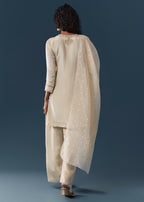 Beige Tissue Kurta Pant Set With Dupatta