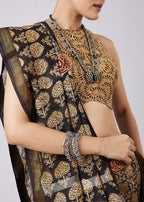 Black Block Printed Motif Saree with Unstitched Blouse