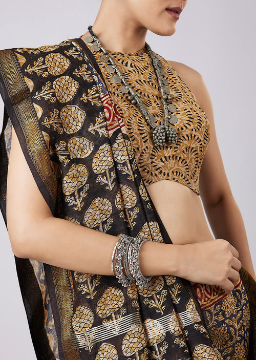 Black Block Printed Motif Saree with Unstitched Blouse