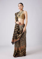 Black Block Printed Motif Saree with Unstitched Blouse