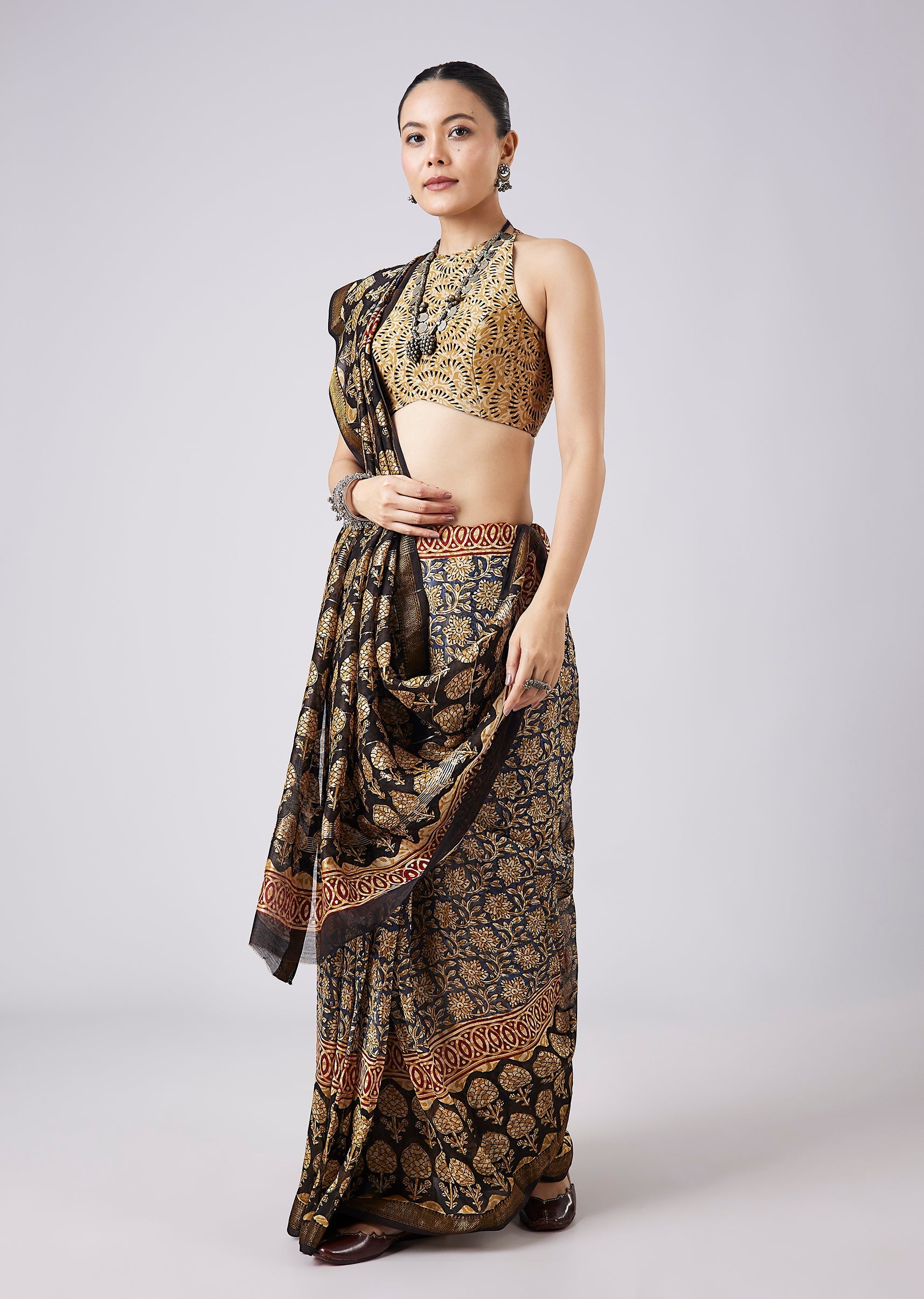 Black Block Printed Motif Saree with Unstitched Blouse