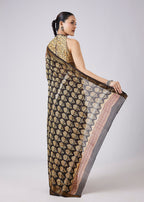 Black Block Printed Motif Saree with Unstitched Blouse