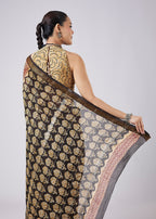 Black Block Printed Motif Saree with Unstitched Blouse
