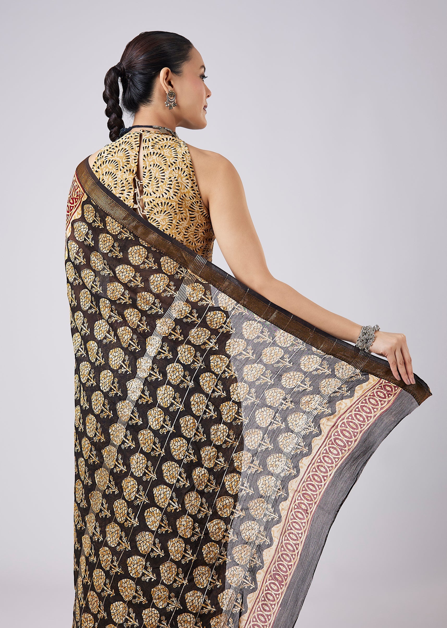 Black Block Printed Motif Saree with Unstitched Blouse