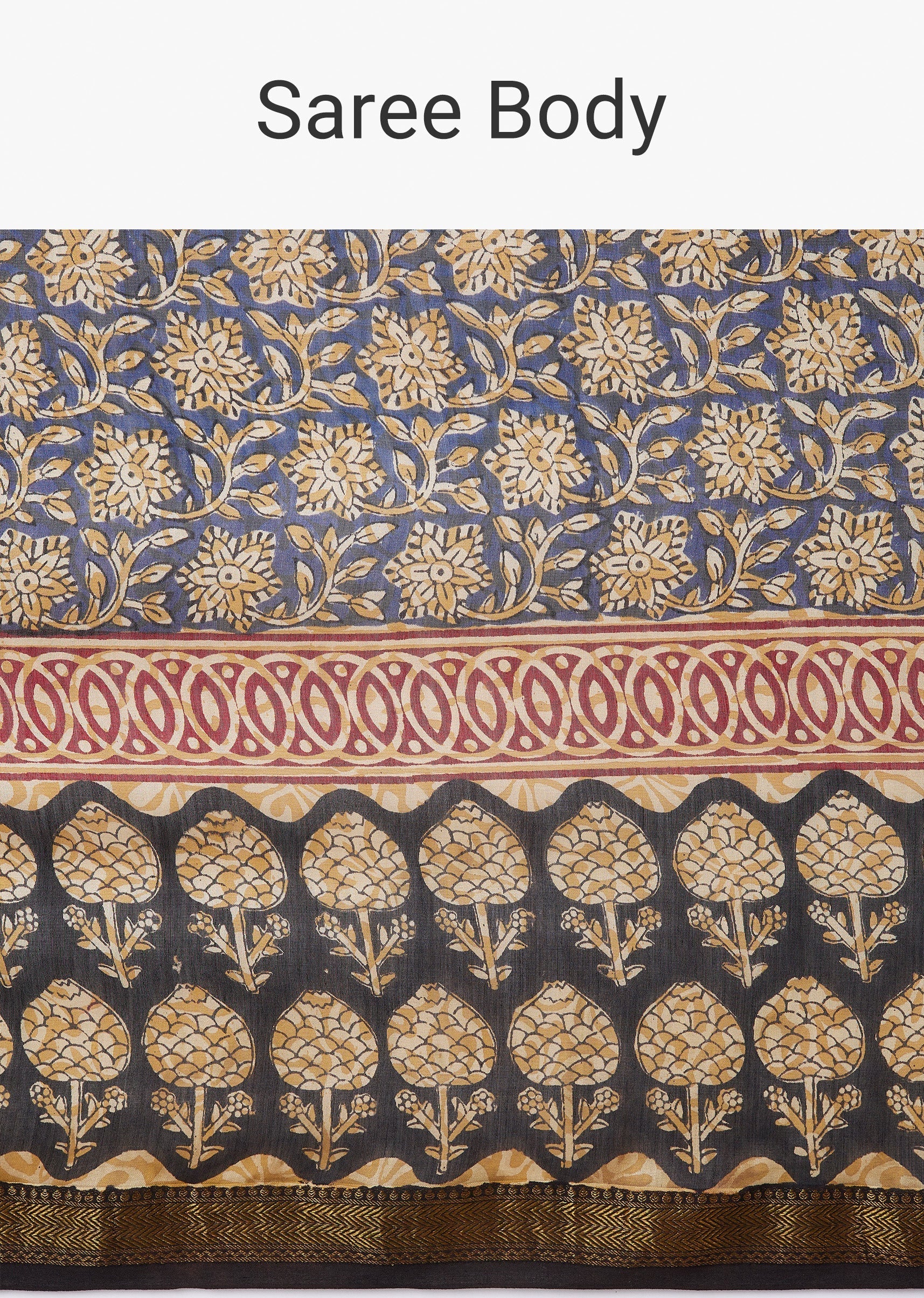 Black Block Printed Motif Saree with Unstitched Blouse