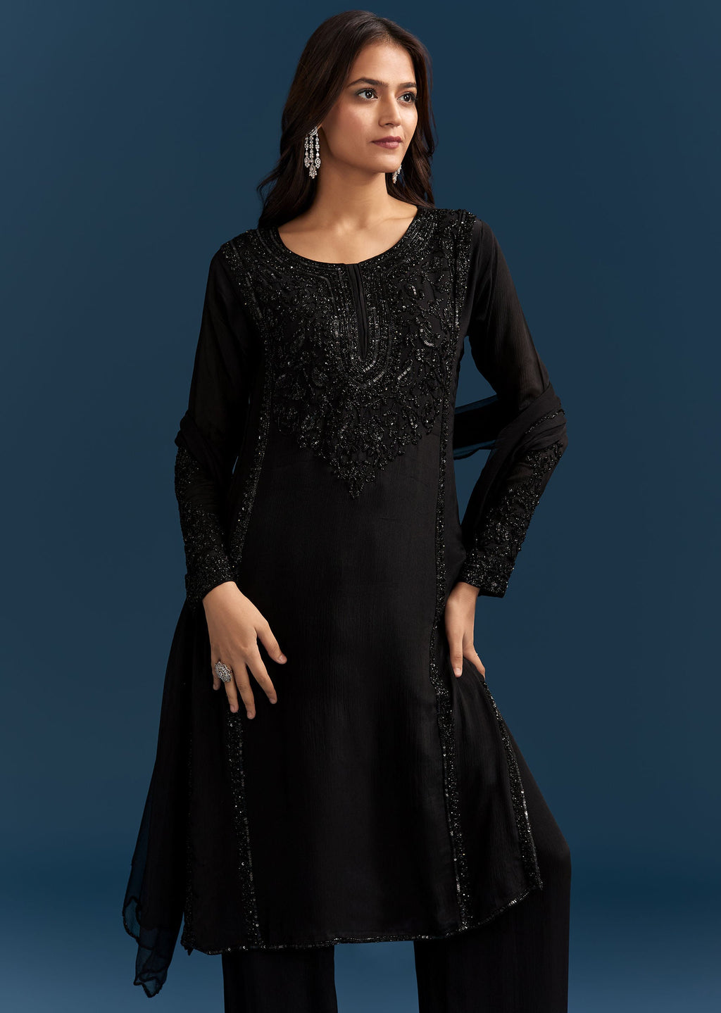 Black Chinon Kurta Set With Sequins And Cut Dana Work