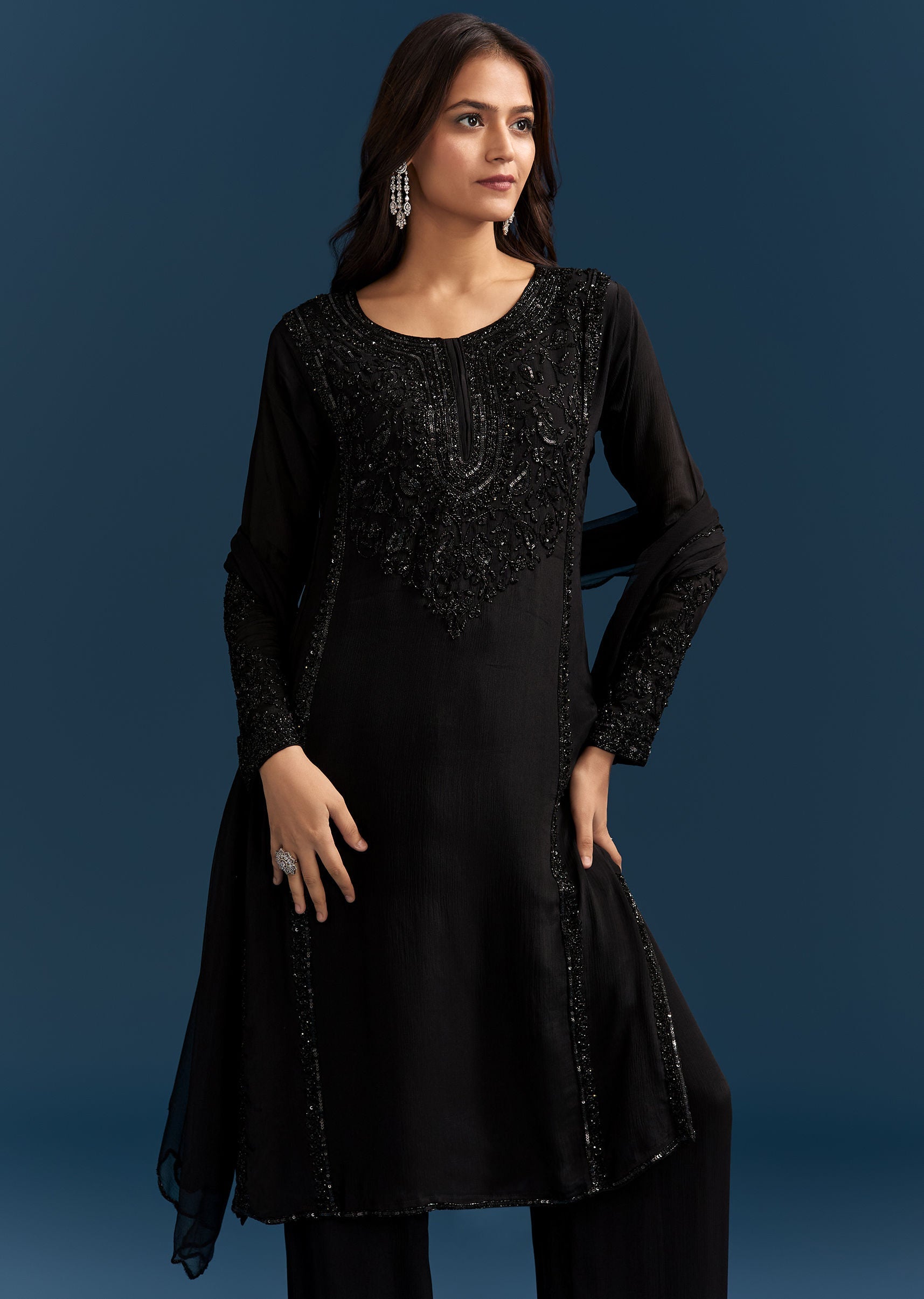 Black Chinon Kurta Set With Sequins And Cut Dana Work