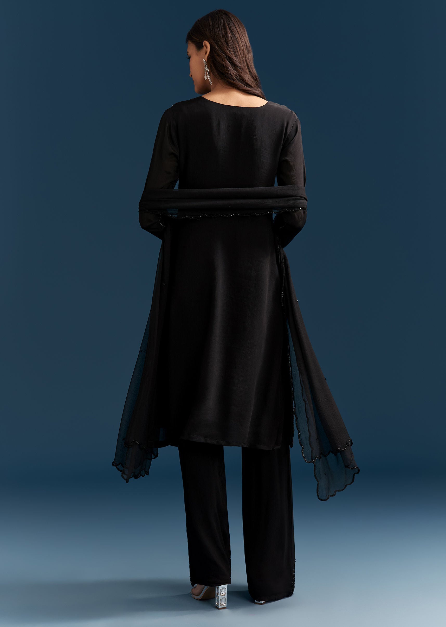 Black Chinon Kurta Set With Sequins And Cut Dana Work