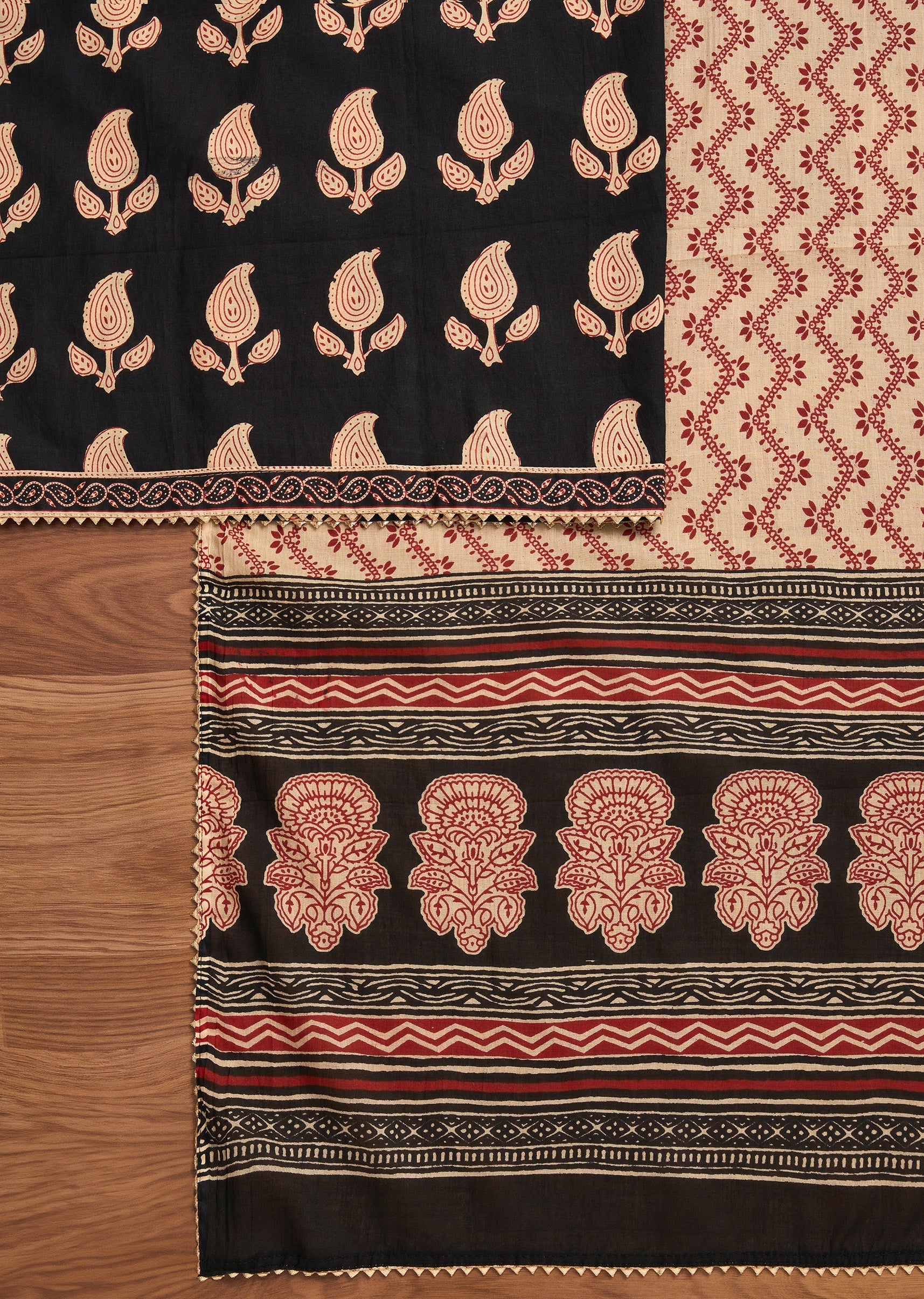 Black Cotton Printed Unstitched Suit with Dupatta and Bottom Fabric